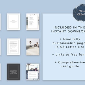 May include: A digital download for a customisable 9-page booklet in US Letter size. The booklet features a city park theme with photos of skateboarders and a woman in a park. The download includes links to free fonts and a comprehensive user guide.