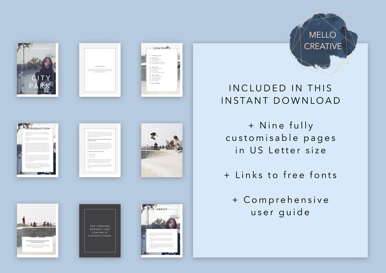 May include: A digital download for a customisable 9-page booklet in US Letter size. The booklet features a city park theme with photos of skateboarders and a woman in a park. The download includes links to free fonts and a comprehensive user guide.