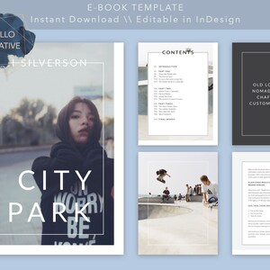 May include: A white and black e-book template with the title "City Park" and the text "Old Longings Nomadic Leap. Chafing at Custom's Chain."  The template features a photo of a young woman wearing a black hoodie with the text "Don't Worry Be" on it. The template also includes a table of contents and a sample page of text.