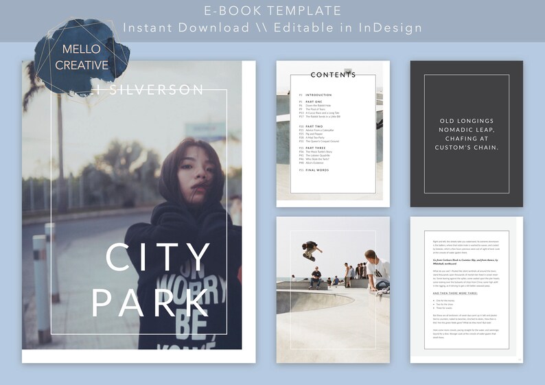 May include: A white and black e-book template with the title "City Park" and the text "Old Longings Nomadic Leap. Chafing at Custom's Chain."  The template features a photo of a young woman wearing a black hoodie with the text "Don't Worry Be" on it. The template also includes a table of contents and a sample page of text.