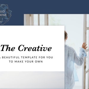 May include: A white card with the text "The Creative" and "A beautiful template for you to make your own". The card is in front of a blurry image of a person standing in front of a window.