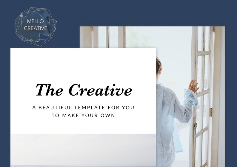 May include: A white card with the text "The Creative" and "A beautiful template for you to make your own". The card is in front of a blurry image of a person standing in front of a window.