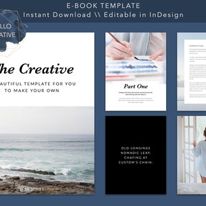May include: A digital e-book template with a blue and white watercolor background. The text "The Creative" is in a black font. The text "A beautiful template for you to make your own" is in a smaller black font. The text "Part One" is in a black font. The text "Old Longings Nomadic Leap. Chafing at Custom's Chain." is in a white font on a black background. The text "Mello Creative" is in a white font on a blue and white watercolor background.