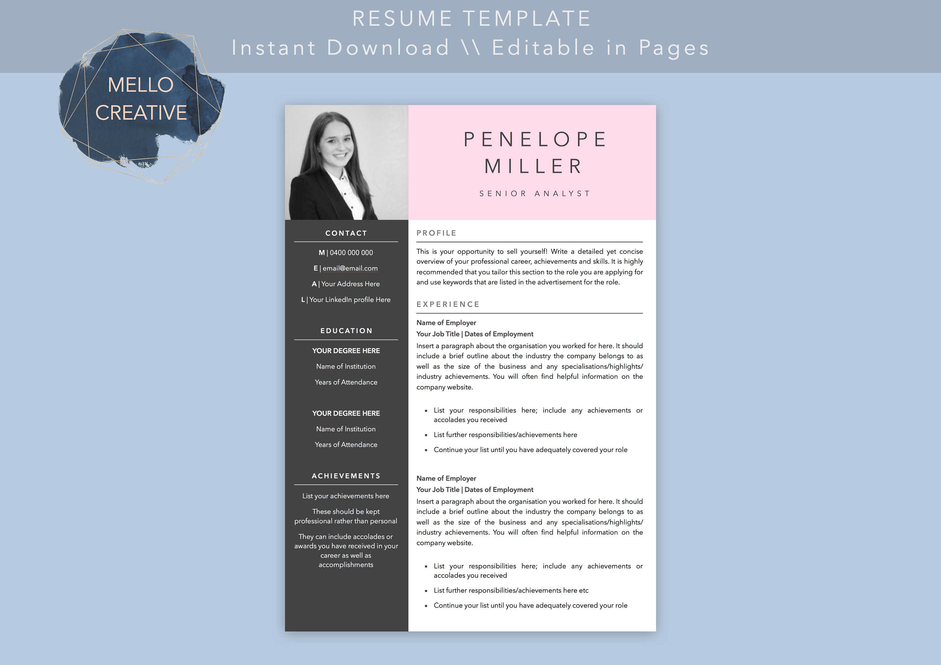 Customisable Blush Resume CV Template Package Mac Pages Etsy Canada