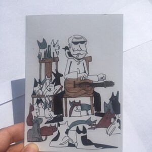 Biglietto d'auguri disegnato a mano - gatto con chitarra