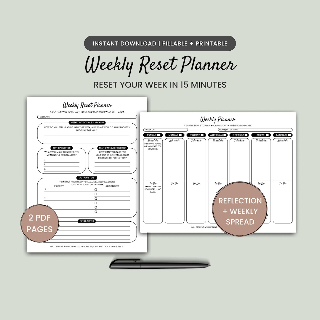 Weekly Reset Planner Printable | Self Care Planning Worksheet | Sunday ...