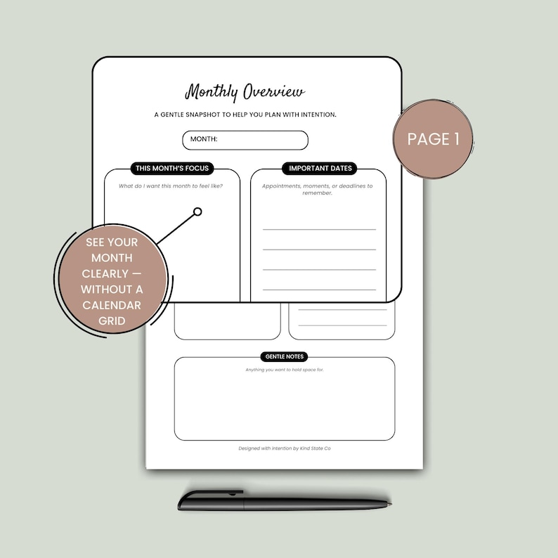 Monthly Overview & Intentions Printable | Gentle Monthly Planner ...