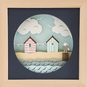 Beach hut and bunting theme 3D shadow box cut file, beach hut svg papercut template, DIY shadow box beach hut pattern