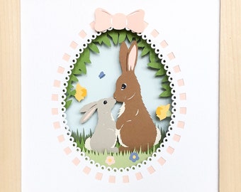 Easter bunny rabbit shadow box svg for cricut or silhouette machines, rabbit 3D Papercut template for hand cutting, DIY craft kits download