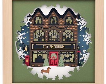Toy Shop Emporium Christmas 3D Shadow Box svg for cricut or silhouette machines, Layered 3D Papercut Christmas template for hand cutting
