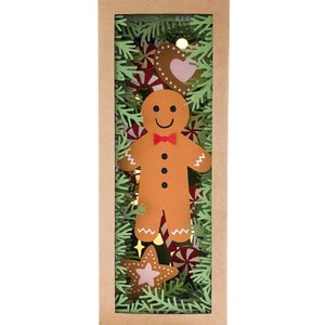 Gingerbread man book nook diorama shadow box svg for cricut or cameo, Christmas papercut template for hand cutting, DIY craft kit download