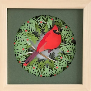 Cardinal Christmas shadow box svg for cricut or silhouette machines, Bird 3D Papercut template for hand cutting, DIY craft kits download