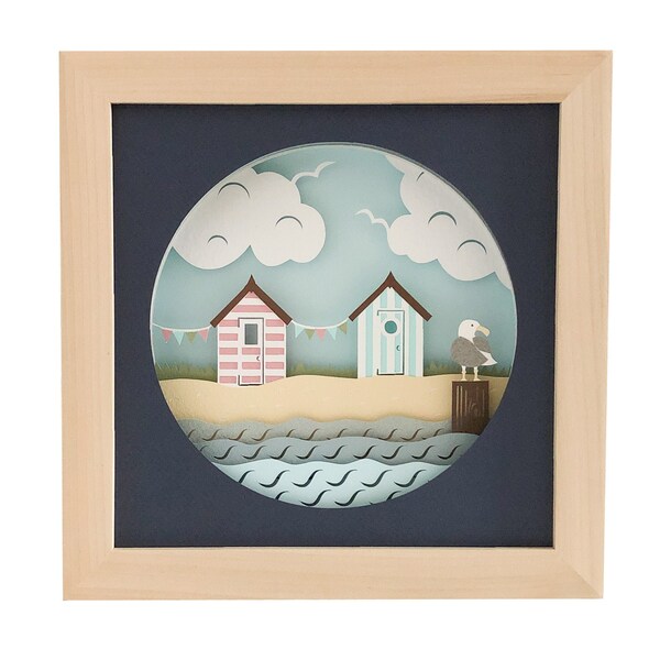Beach hut and bunting theme 3D shadow box cut file, beach hut svg papercut template, DIY shadow box beach hut pattern Beach hut and bunting theme 3D shadow box cut file, beach hut svg papercut template, DIY shadow box beach hut pattern