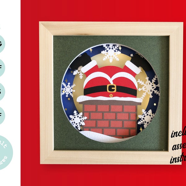 Santa in Chimney Christmas 3D Shadow Box svg for cricut or silhouette machines, Layered 3D Papercut Christmas template for hand cutting