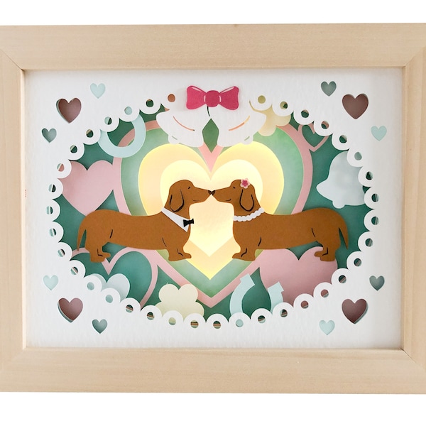 Sausage dog shadow box wedding svg for cricut or silhouette machines, dog 3D Papercut template for hand cutting, DIY craft kits download