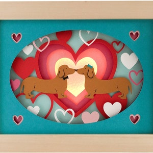 Sausage dog shadow box valentine svg for cricut or silhouette machines, dog 3D Papercut template for hand cutting, DIY craft kits download