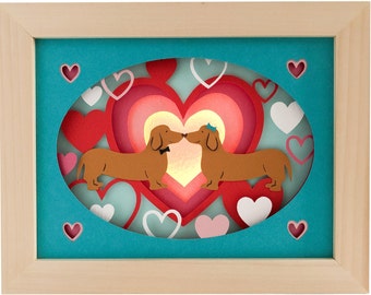 Sausage dog shadow box valentine svg for cricut or silhouette machines, dog 3D Papercut template for hand cutting, DIY craft kits download