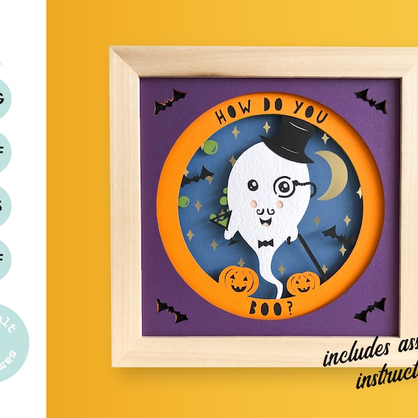 Cute Ghost Halloween shadow box svg for cricut or silhouette machines, Kawaii Ghost Funny 3D Papercut template for hand cutting,