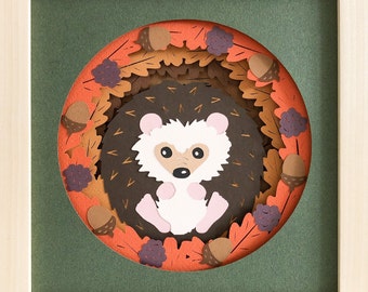 Hedgehog Fall Autumn Shadow Box 3D svg Papercut Template, Pdf for Hand Cutting, Dxf Eps Svg Template Files for Machine Cutting