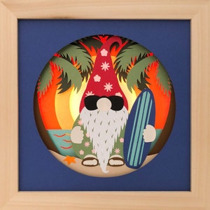 Summer Sunset Surfer Gnome 3D Shadow Box SVG Layered Papercut