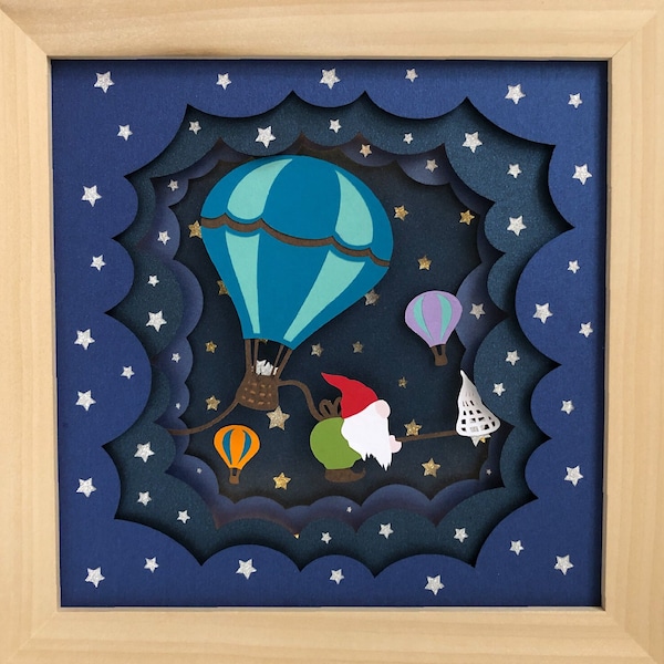 Hot Air Balloon and Gnome 3D Shadow Box SVG Layered Papercut