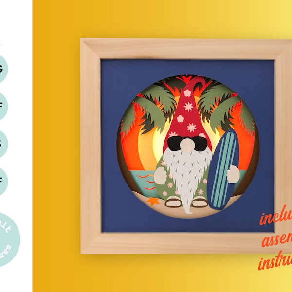Summer Sunset Surfer Gnome 3D Shadow Box SVG Layered Papercut Summer Sunset Surfer Gnome 3D Shadow Box SVG Layered Papercut