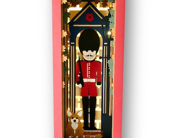London theme King's Guard memorial book nook diorama shadow box svg, Remembrance 3D Papercut template for hand cutting