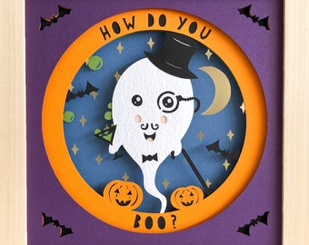 Cute Ghost Halloween shadow box svg for cricut or silhouette machines, Kawaii Ghost Funny 3D Papercut template for hand cutting,