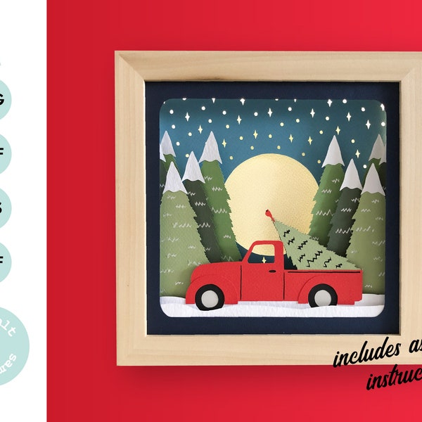 Truck Christmas shadow box svg for cricut or silhouette machines, Red Truck 3D Papercut template for hand cutting, DIY craft kits download Truck Christmas shadow box svg for cricut or silhouette machines, Red Truck 3D Papercut template for hand cutting, DIY craft kits download