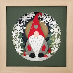 Gnome Christmas shadow box svg for cricut or silhouette machines, Tomte Nisse 3D Papercut template for hand cutting, DIY craft kits download