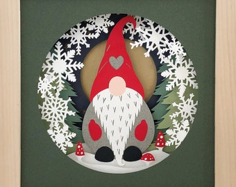 Gnome Christmas shadow box svg for cricut or silhouette machines, Tomte Nisse 3D Papercut template for hand cutting, DIY craft kits download