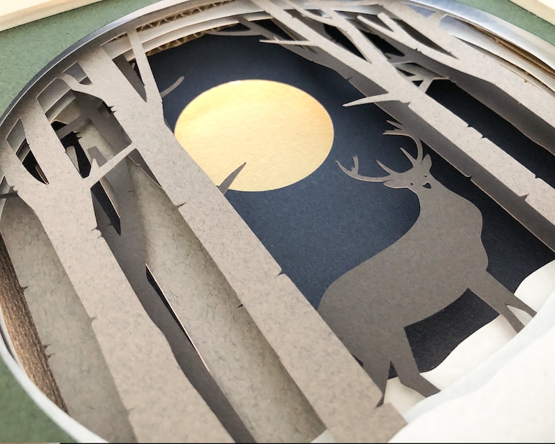 Cerf cerf ombre boîte modèle Papercut SVG 3D, boîte d'ombre des bois et caisson lumineux Svg, modèle de découpe de papier en couches pour la découpe à la main ou à la machine image 3