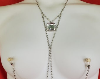 Silver Tone Chain Rhinestone Nipple Noose Clamp Necklace Non-Piercing Pierced Painless Adjustable