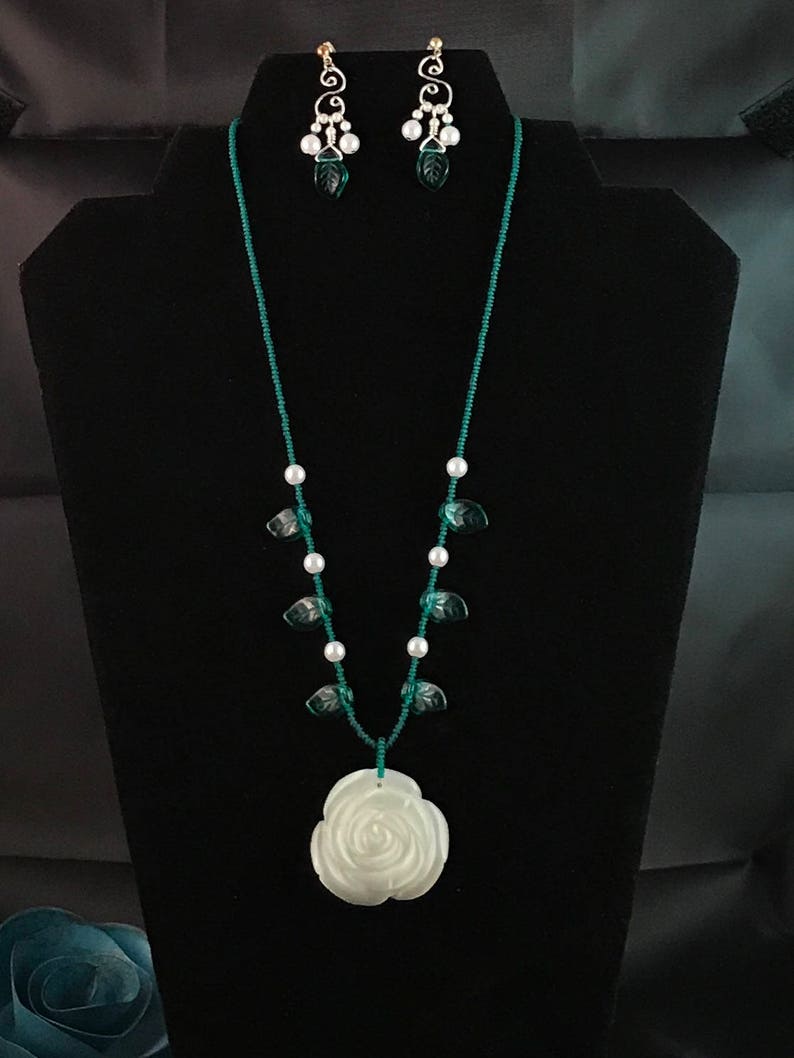 Cream Rose with Beaded Teal Leafs and Pearls