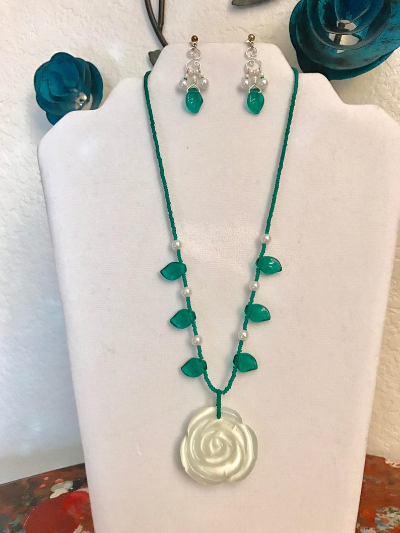 Cream Rose with Beaded Teal Leafs and Pearls