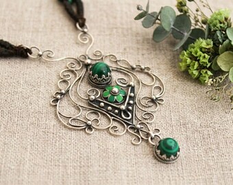 Sterling Silver Malachite Filigree Pendant Necklace, Macrame Boho Statement Piece