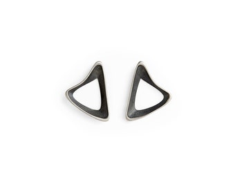 Black Triangle Silver Earrings • Minimalist Abstract Silver Earrings • Modern Organic Silver Stud Earring • Asymmetrical Silver Earrings