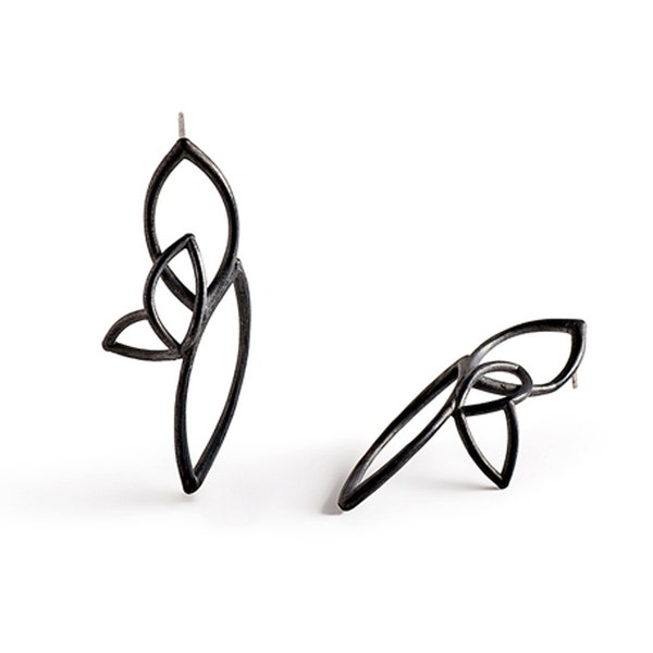 Oxidized Natural Silver Earrings • Geometric Wire Silver Earrings • Goth Earrings • Botanical Drop Earrings • Black Silver Leaf Earrings