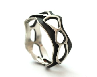 Natural Pattern Silver Ring Band • Organic Pattern Silver Ring Band • Unusual Sci Fi Silver Ring Band • Alternative Silver Wedding Band