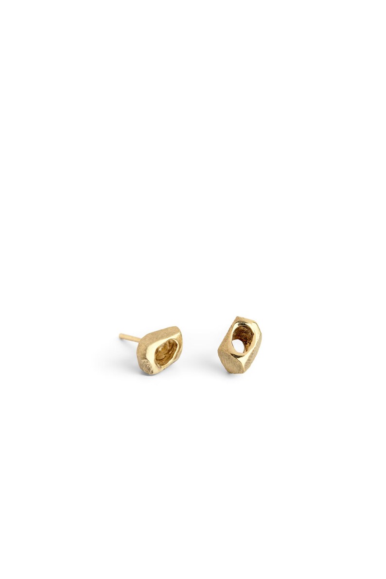 dainty organic natural 14k yellow gold tiny stud earrings by lacuna jewelry