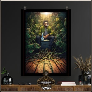 May include: A digital art print featuring a man sitting on a throne surrounded by green frogs. The man is wearing a green jacket and jeans and is holding a bong. The background is a wooden floor with vines growing up the walls. The print is titled "Dreaminglizard Graphics".