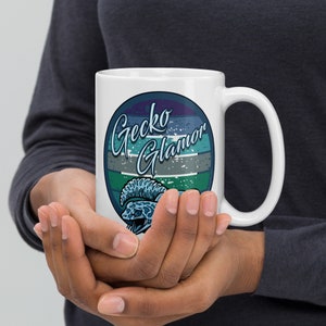 Gecko Glamor, coffee mug. Gecko lover gifts, retro blue gecko