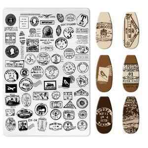 Plaque d'estampage vintage pour nail art - Frais de port, cachet de la poste, motifs de voyage