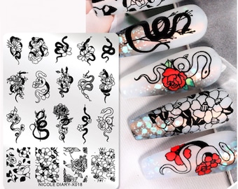 snake nails,flowers and snakes, snake desings,Nail Stamping Plates,Nail Art  Template, Nail Stamp Tools DIY nail decal templates