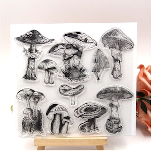 Tampons acryliques champignons – Joli jeu de tampons forêt pour cartes de vœux et carnets d'art