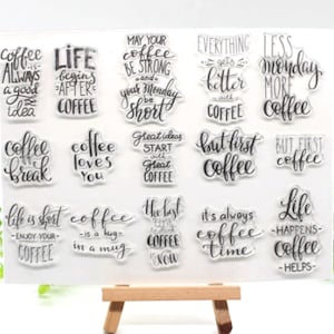 Timbri per caffè, timbri con citazioni sul caffè, timbro in silicone trasparente per scrapbooking/creazione di biglietti/decorazione divertente per bambini