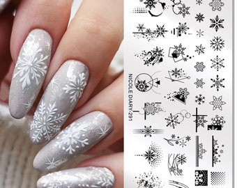 Uñas navideñas ~ Diseño navideño nail art ~ Placas de copos de nieve para uñas ~ Diseños navideños