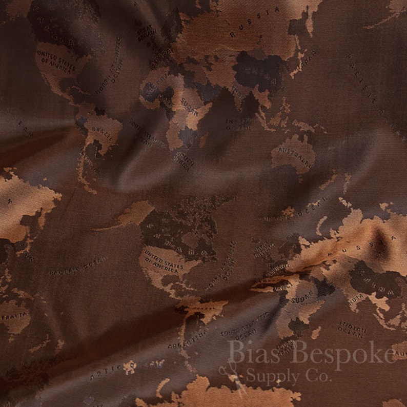 MONDO Italian 100% Cupro Bemberg Jacquard World Map Lining, Sold by the Yard Copper Brown