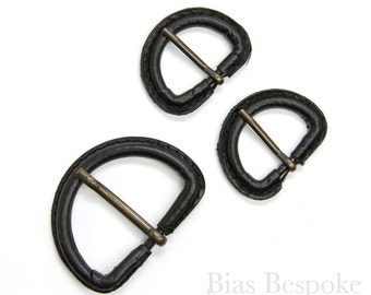 Black Leather D-Ring Buckles (with Antique Brass) in Two Sizes, Made in Italy