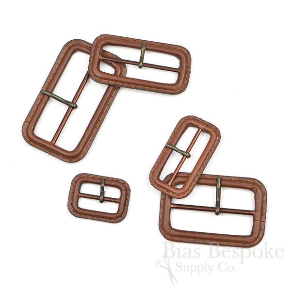 PELL Hickory Brown Leather Buckles with Antique Brass Pins, Made in Italy